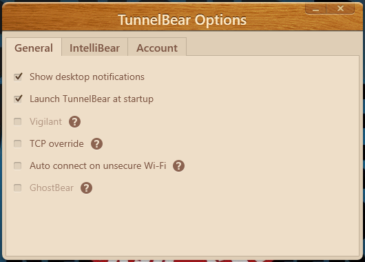 tunnelbear general options