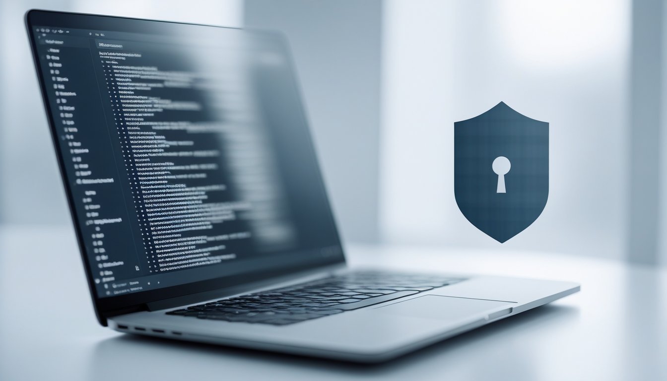 Laptop displaying restricted online content with a privacy protection theme for UK torrent users