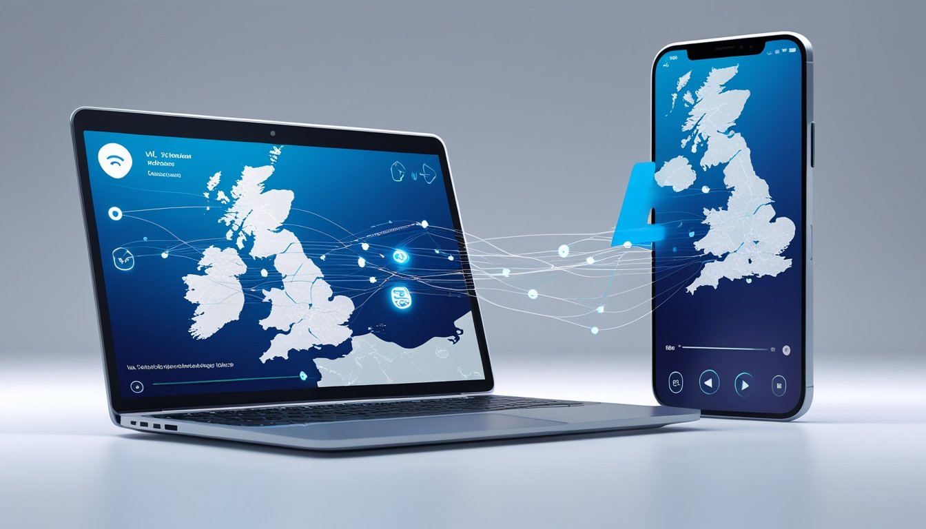 Laptop and smartphone showing a map of the United Kingdom with digital routing lines, representing changing online location to the UK using a VPN
