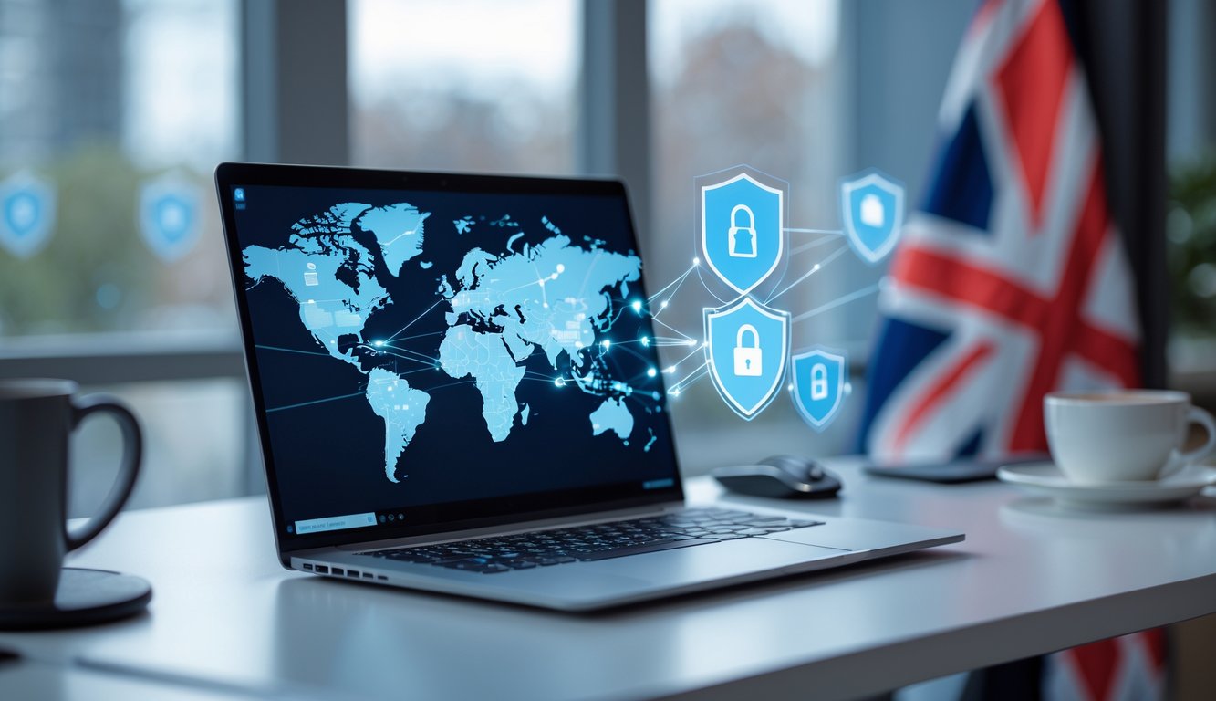 A laptop on a desk displaying a digital map of the United Kingdom with network connections, surrounded by cybersecurity icons and a British flag in the background.