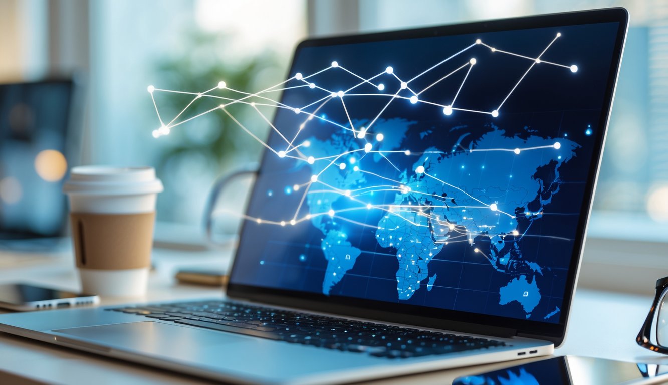 A laptop on a desk showing a digital map of the United Kingdom with glowing connection lines, surrounded by office items like a coffee cup and smartphone.