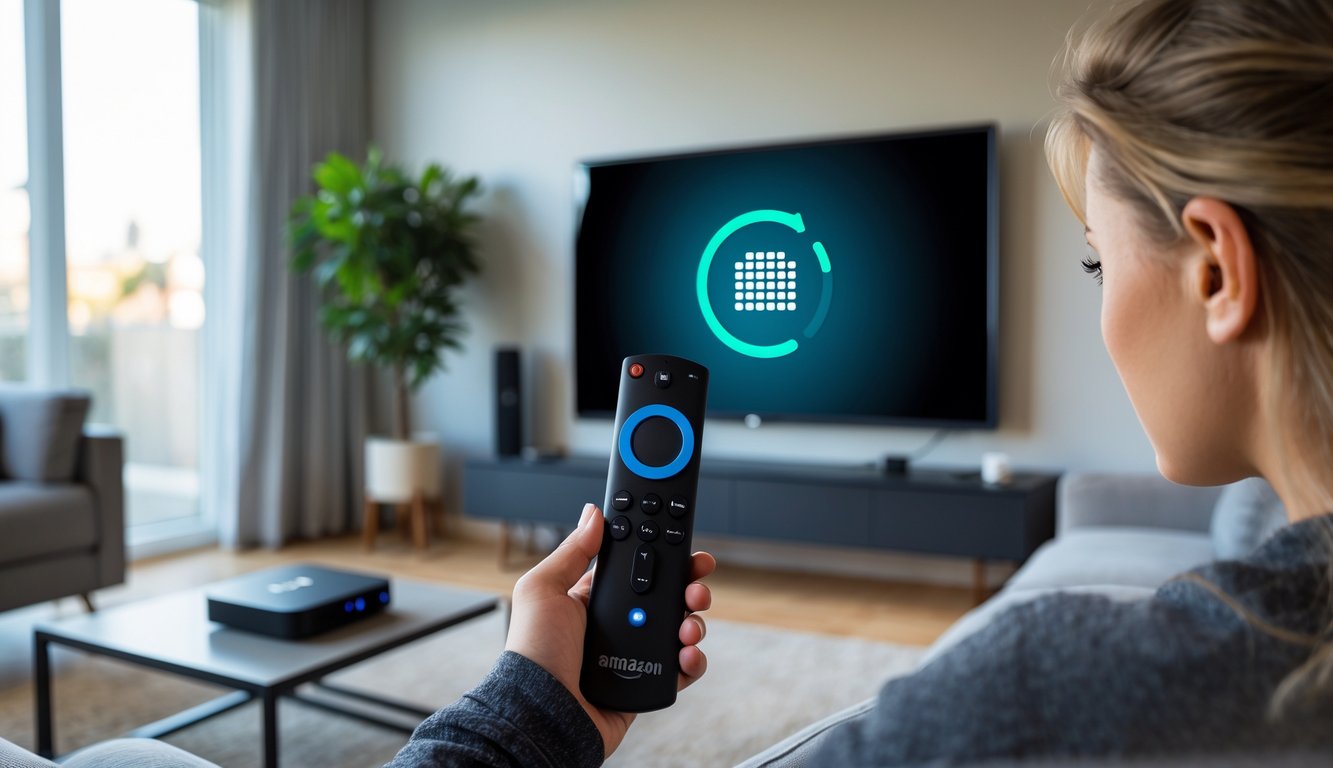 Person holding a Firestick remote looking concerned at a TV screen showing a buffering icon in a modern living room.