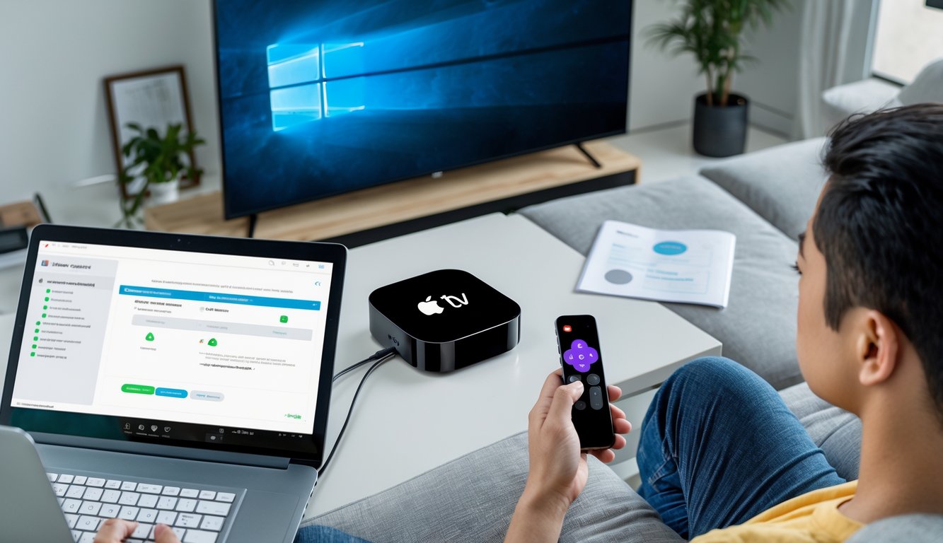 Person sitting on a sofa using a remote control while an Apple TV device and a laptop showing a VPN app are on a table in a modern living room.