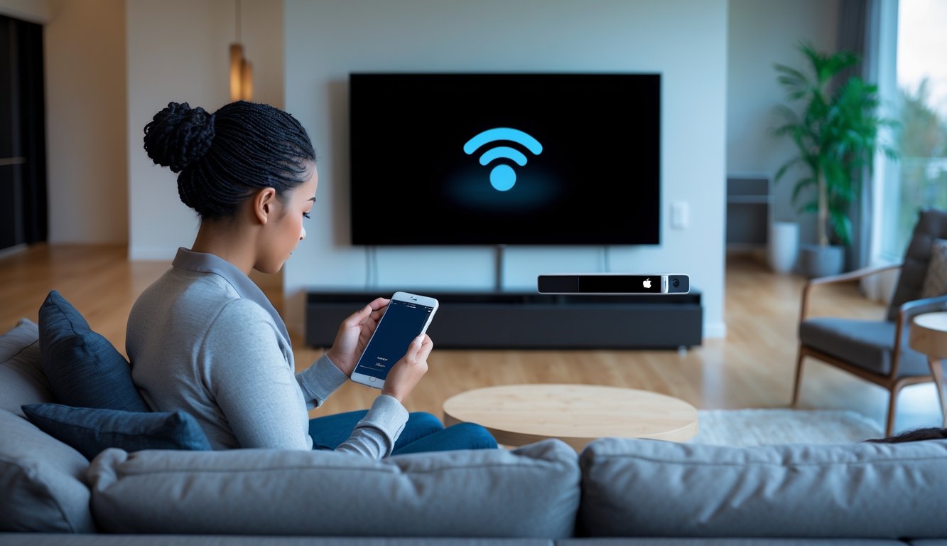 A person sitting on a sofa in a living room, using a smartphone while looking at a TV with an Apple TV device nearby.