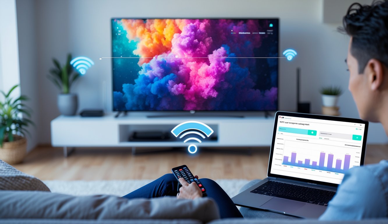 Person sitting on a couch in a modern living room watching a large TV connected to an Apple TV device, with a laptop nearby showing network performance graphs.