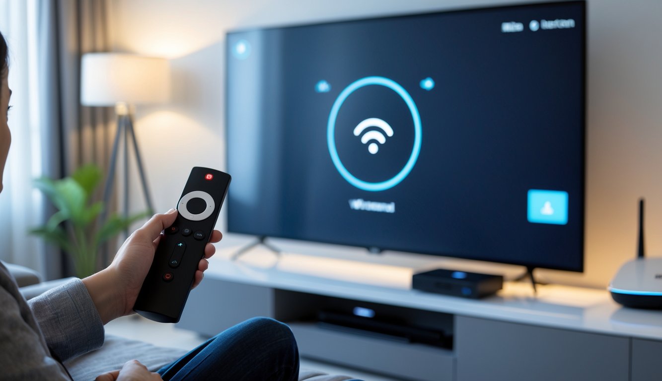 A person sitting on a sofa in a living room, looking at a smart TV with a Firestick interface showing a VPN connection problem.
