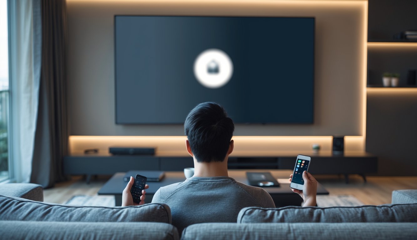 Person sitting on a sofa in a living room looking at a large TV screen showing a VPN connection issue symbol.