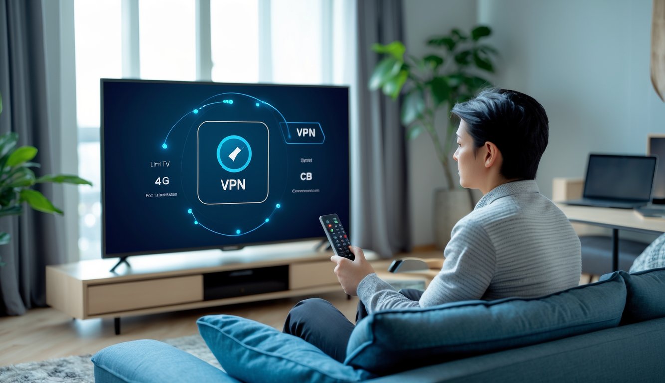 Person sitting on a sofa in a living room looking at a large TV screen displaying a VPN connection interface.
