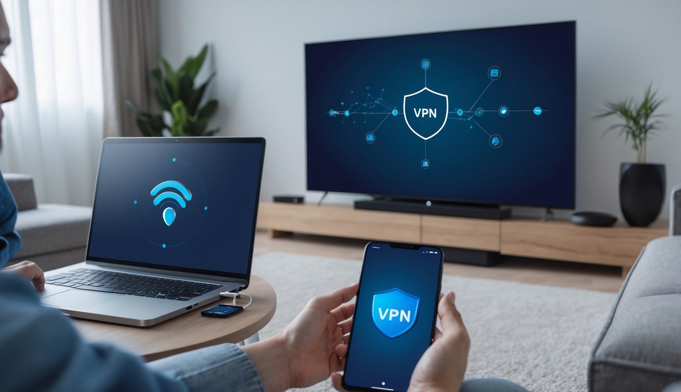 A living room with a TV connected to a Chromecast device, a person using a laptop showing VPN software nearby.