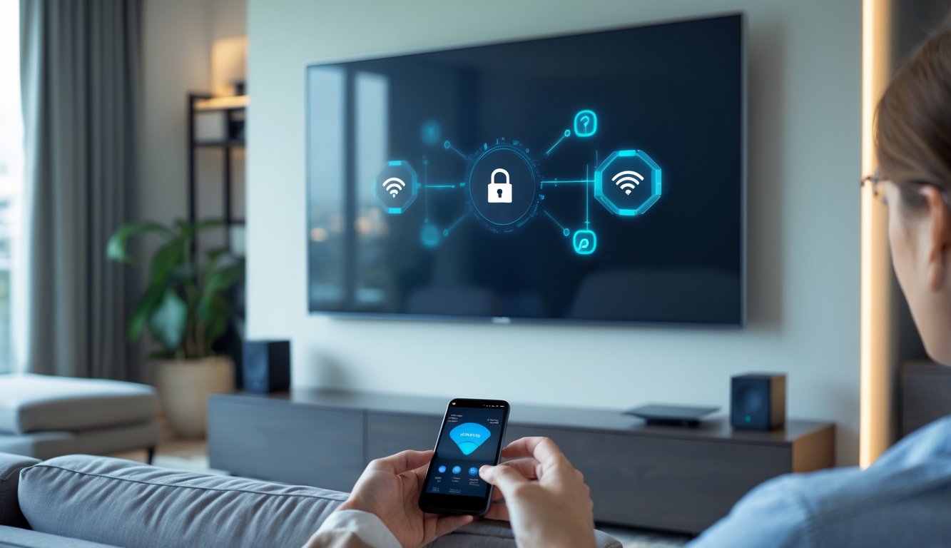 A person using a remote control in a modern living room with an Android TV mounted on the wall and smart home devices nearby.