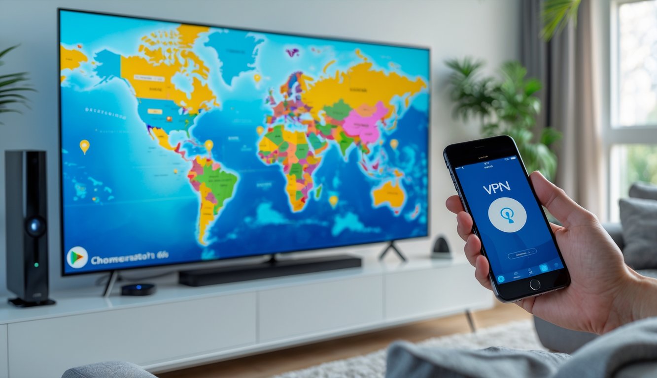 A person holding a smartphone with a VPN app in a modern living room, a TV screen shows a colourful world map with location markers.