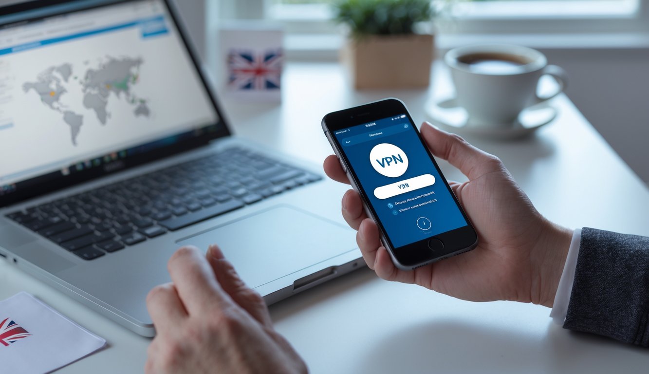 A person holding an iPhone showing VPN settings, sitting at a desk with a laptop and UK-themed items nearby.