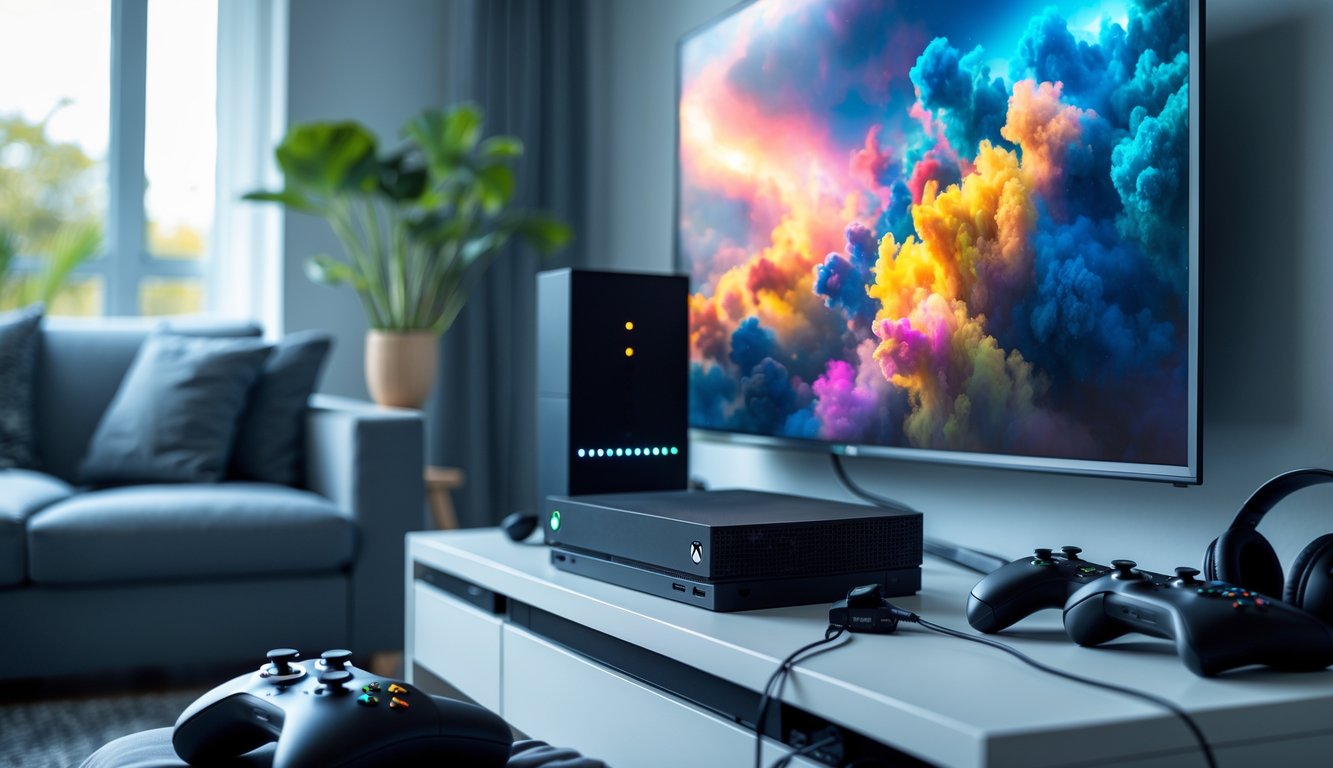 A living room with an Xbox console connected to a large TV showing a video game, alongside a laptop or router indicating VPN use.