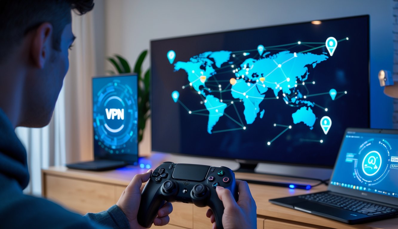 A PlayStation 5 console with a controller in front of a TV showing a digital globe with network connections, set in a modern living room with a laptop displaying a VPN app nearby.