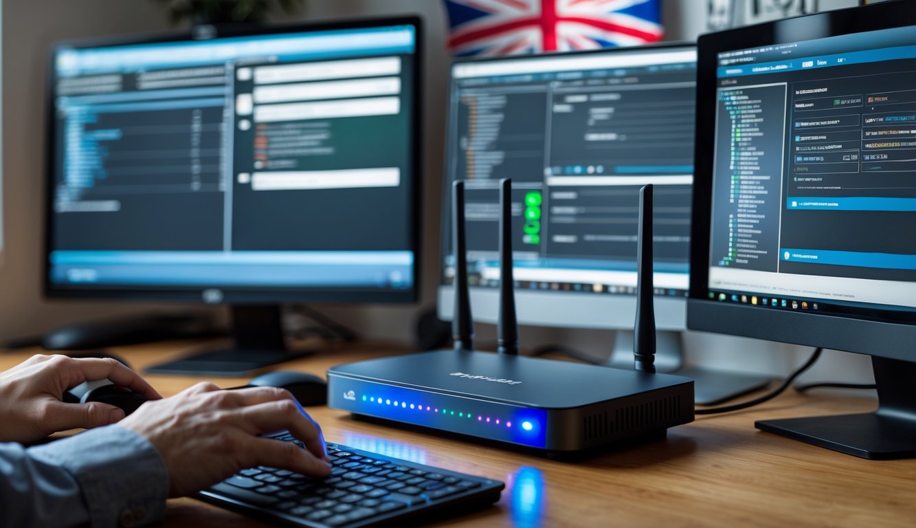 A person working at a desk with a router and multiple computer screens showing network settings, with a small British flag in the background.