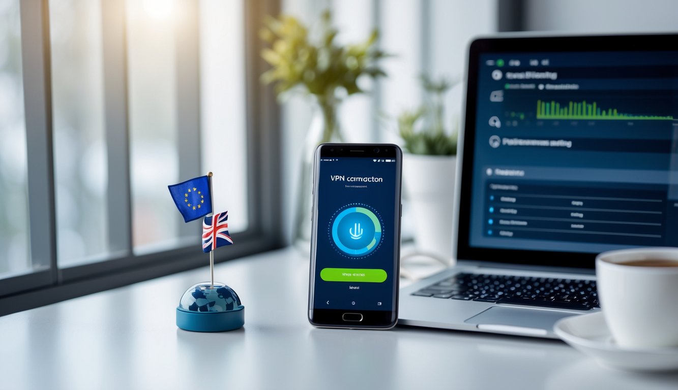 A workspace with an Android smartphone and laptop showing VPN connection settings, with a small British flag pin on the desk.