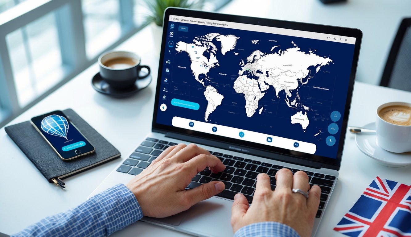A person typing on a laptop showing a world map focused on the UK, with a smartphone displaying location settings and a small Union Jack flag on a bright office desk.