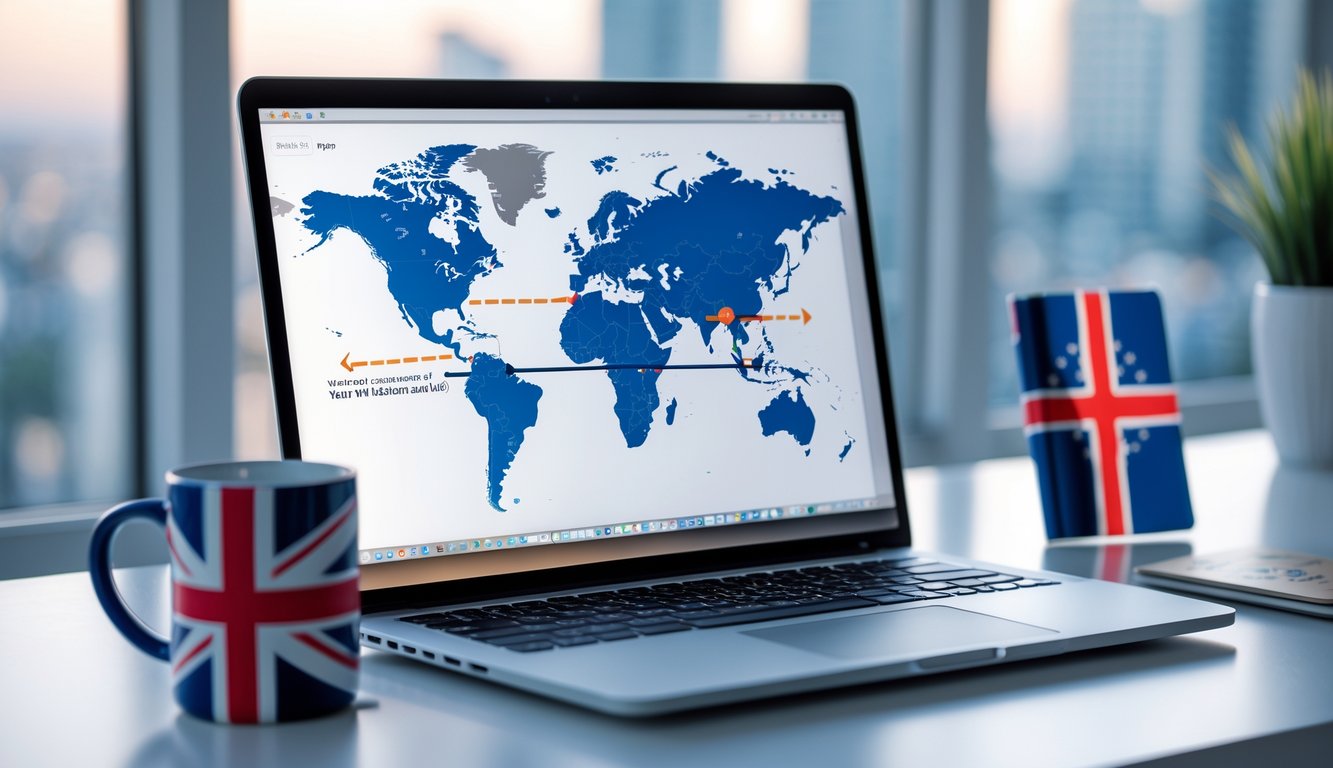 A laptop on a desk showing a world map with a highlighted route to the UK, accompanied by a British flag mug, smartphone with a VPN app, and a passport, in a bright room with a city view.