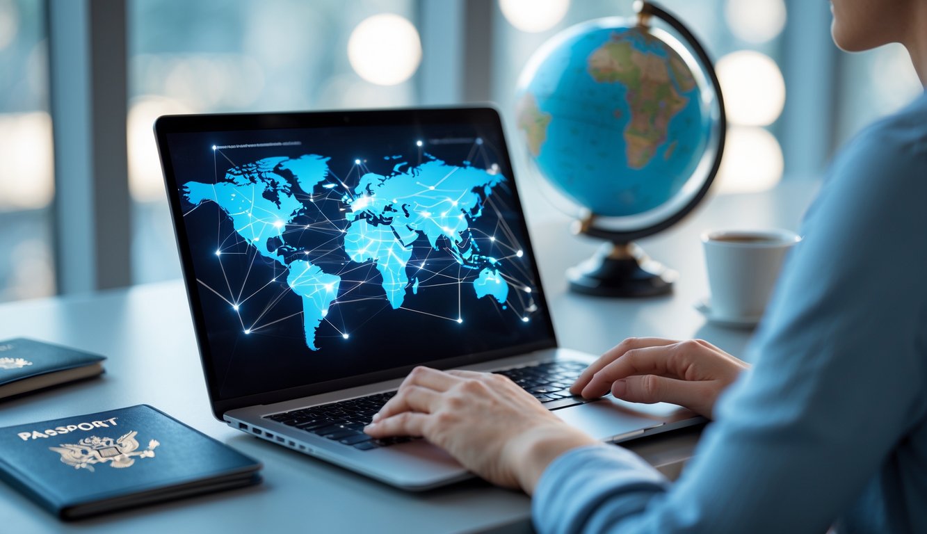 A person using a laptop showing a digital map of the UK with network connections, surrounded by travel items like a passport and globe on a desk.