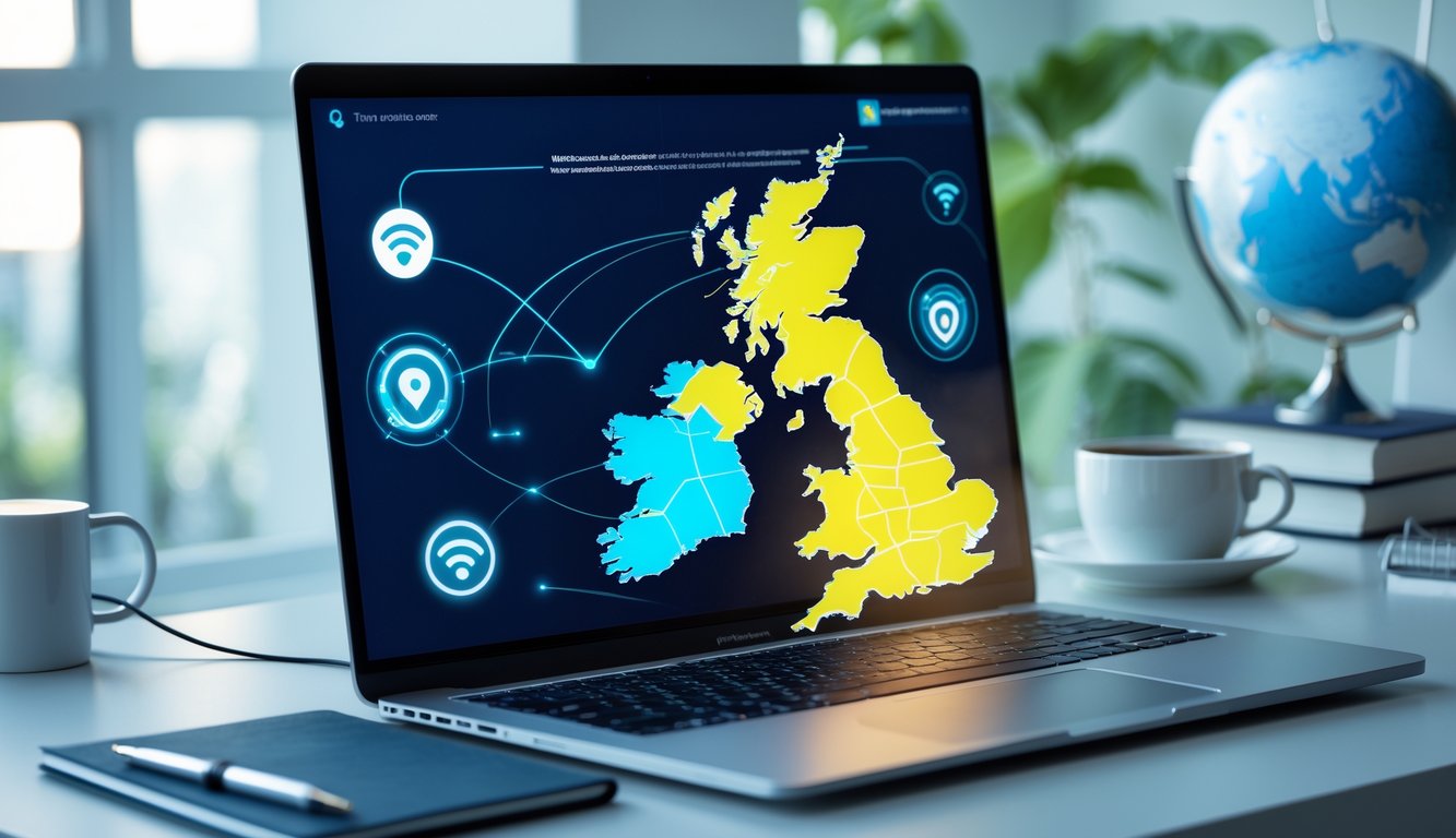 A laptop on a desk showing a digital map of the United Kingdom with network and VPN icons around it in a modern office setting.