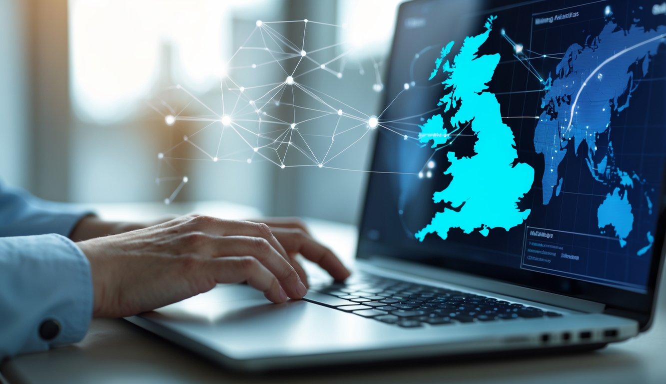 A person typing on a laptop showing a digital map of the United Kingdom with network connection graphics around it.