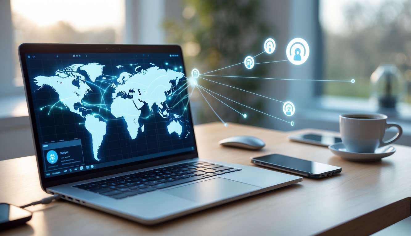A modern home office desk with a laptop showing a digital map of the UK connected by glowing network lines, surrounded by tech accessories.