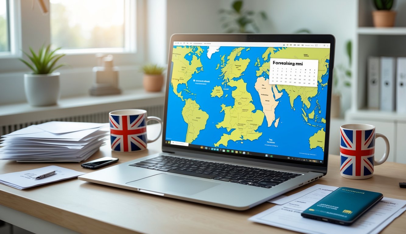 A tidy home office desk with a laptop showing a UK map, letters, a British flag mug, and a calendar, suggesting relocation and mail management.