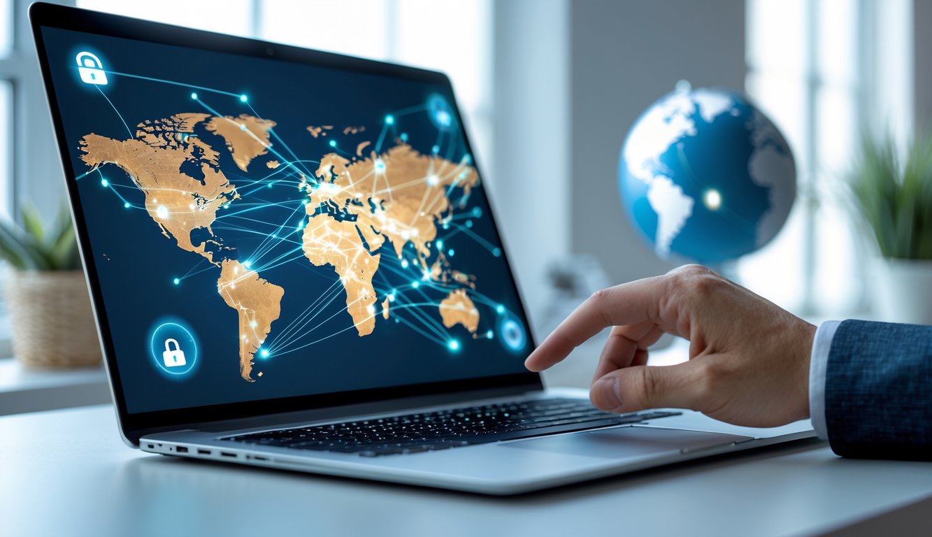 A person using a laptop showing a digital map of the UK with network connections, symbolising secure internet access abroad.
