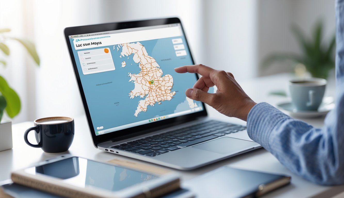 A person adjusting location settings on a laptop showing a map of the United Kingdom in a bright workspace.