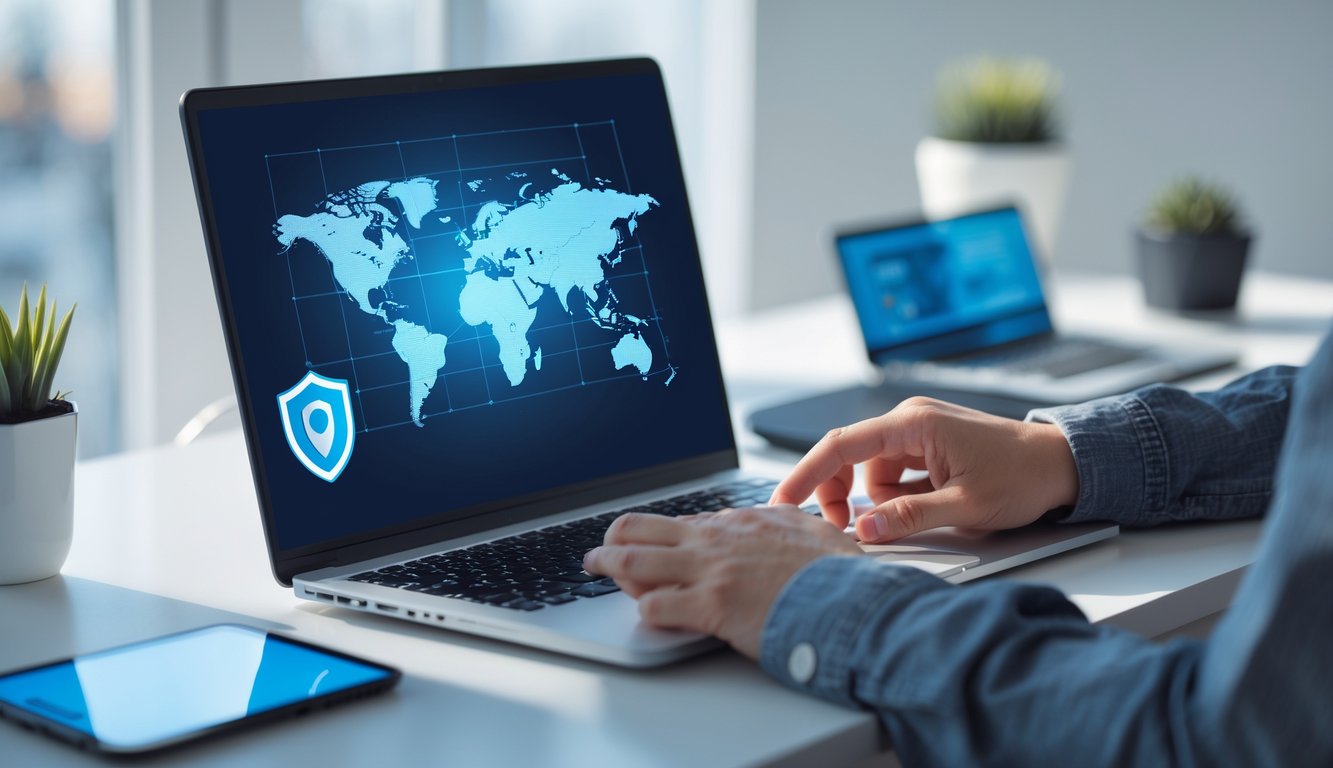 A person using a laptop showing a digital map of the United Kingdom with a VPN icon on the screen in a modern workspace.