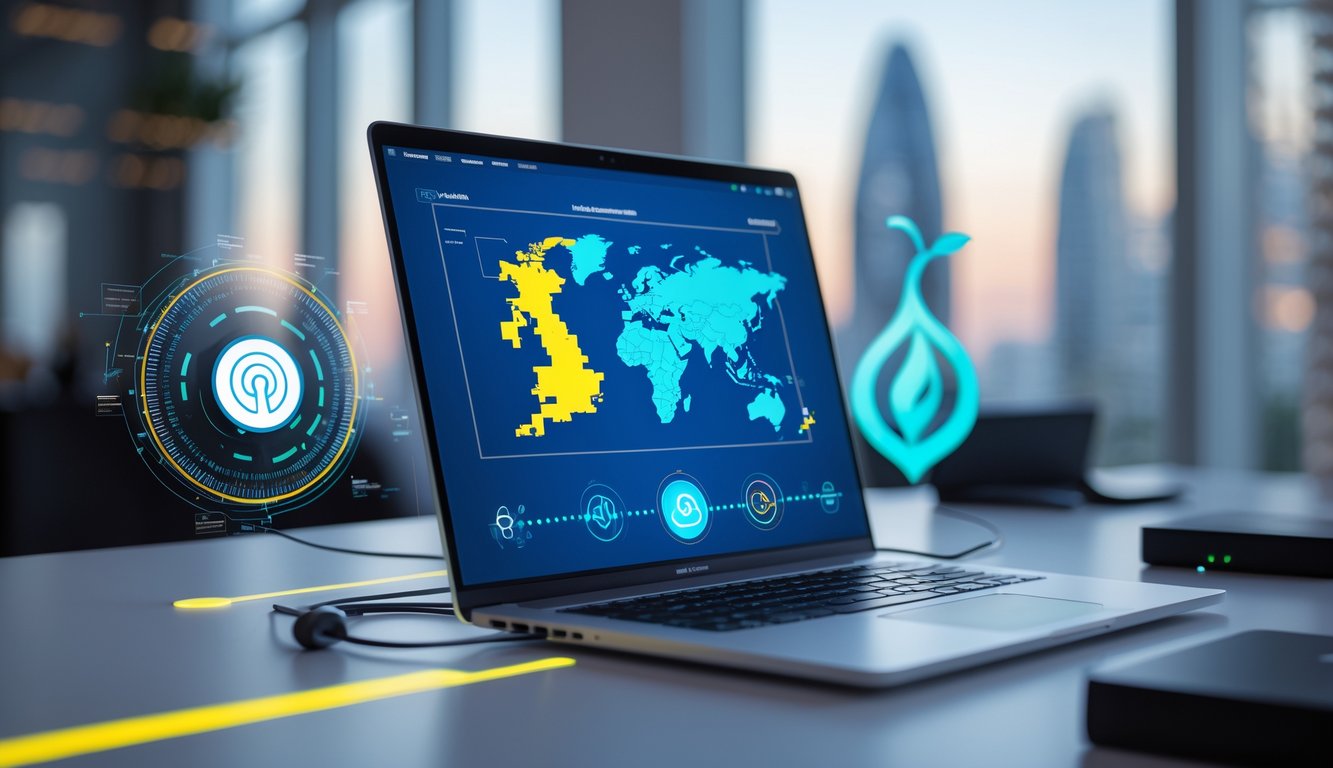 A laptop on a desk showing a digital map of the UK with tech symbols representing internet privacy and proxy servers in a modern office setting.