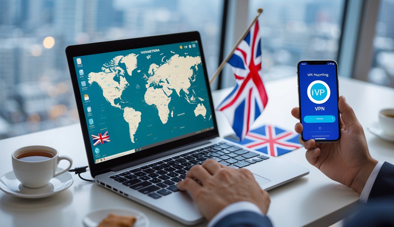 A person typing on a laptop showing a world map highlighting the UK, with a smartphone displaying a VPN app and a small Union Jack flag on the desk.