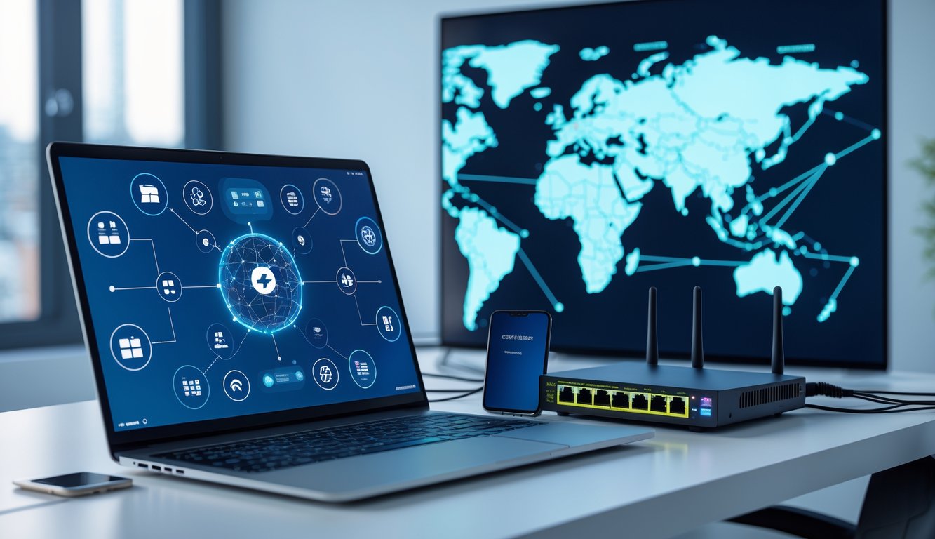 A laptop on a desk showing network diagrams with a digital world map in the background highlighting UK locations and network connections.