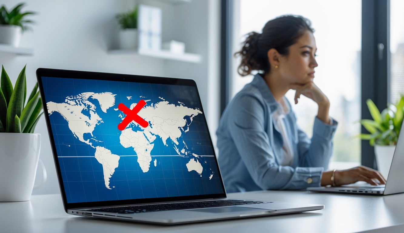 A person sitting at a desk looking thoughtfully at a laptop showing a world map with the United Kingdom marked with a red cross.