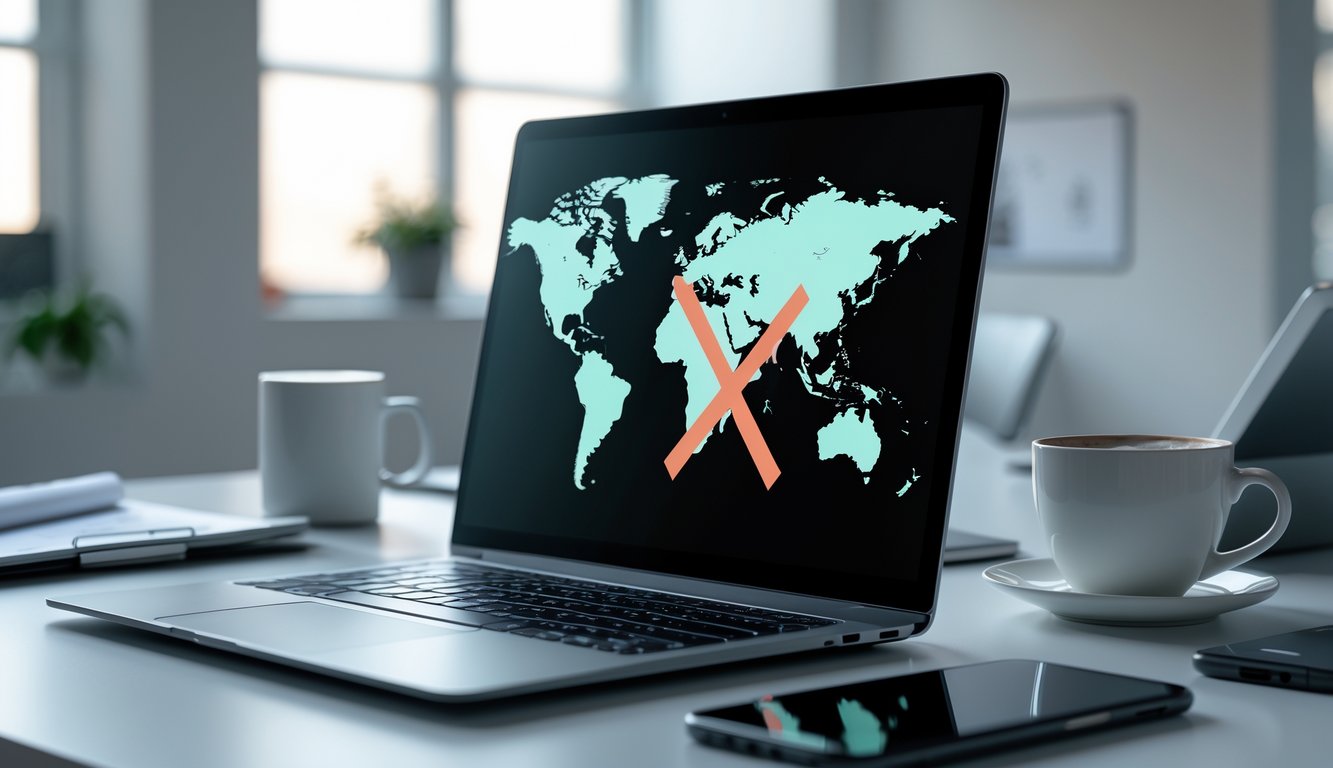 A laptop on a desk showing a world map with the UK highlighted and a no entry symbol over it in an office setting.