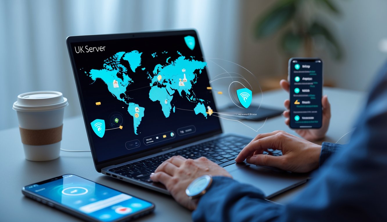A person typing on a laptop showing a world map with UK server locations, a smartphone with a streaming app, and a cup of coffee on a desk in a home office.