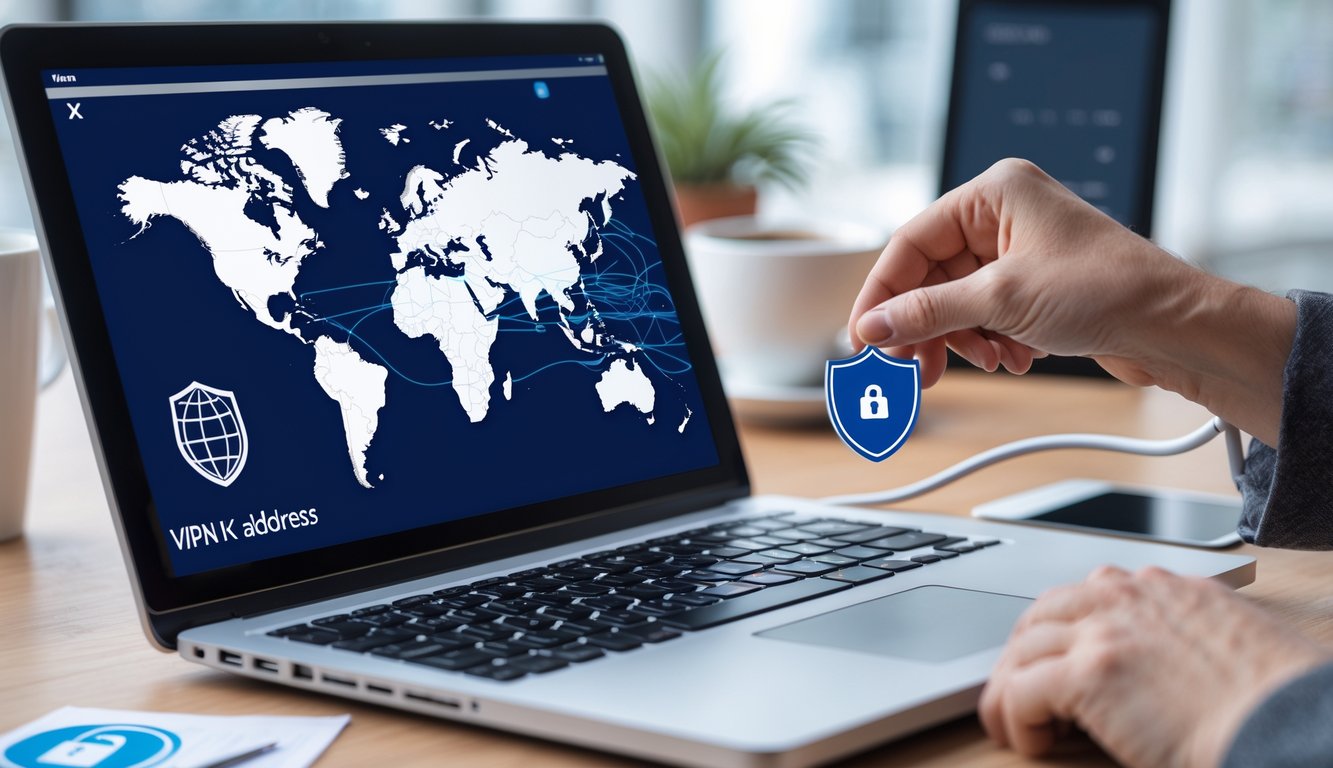 A person disconnecting a network cable from a laptop showing a world map with the United Kingdom highlighted, on a desk with a smartphone and coffee cup.