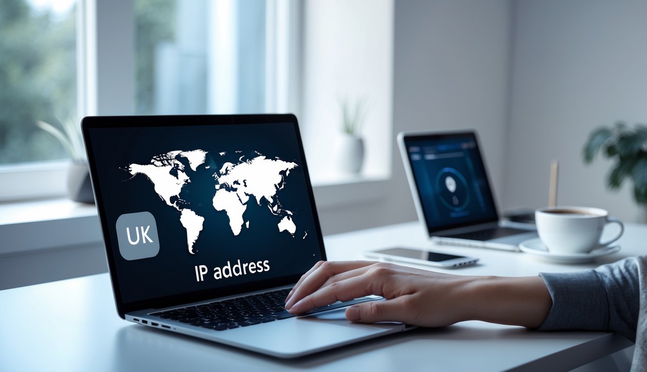 A person using a laptop on a desk with a world map on the screen showing the UK region dimmed, surrounded by a smartphone, wireless router, and a cup of coffee.