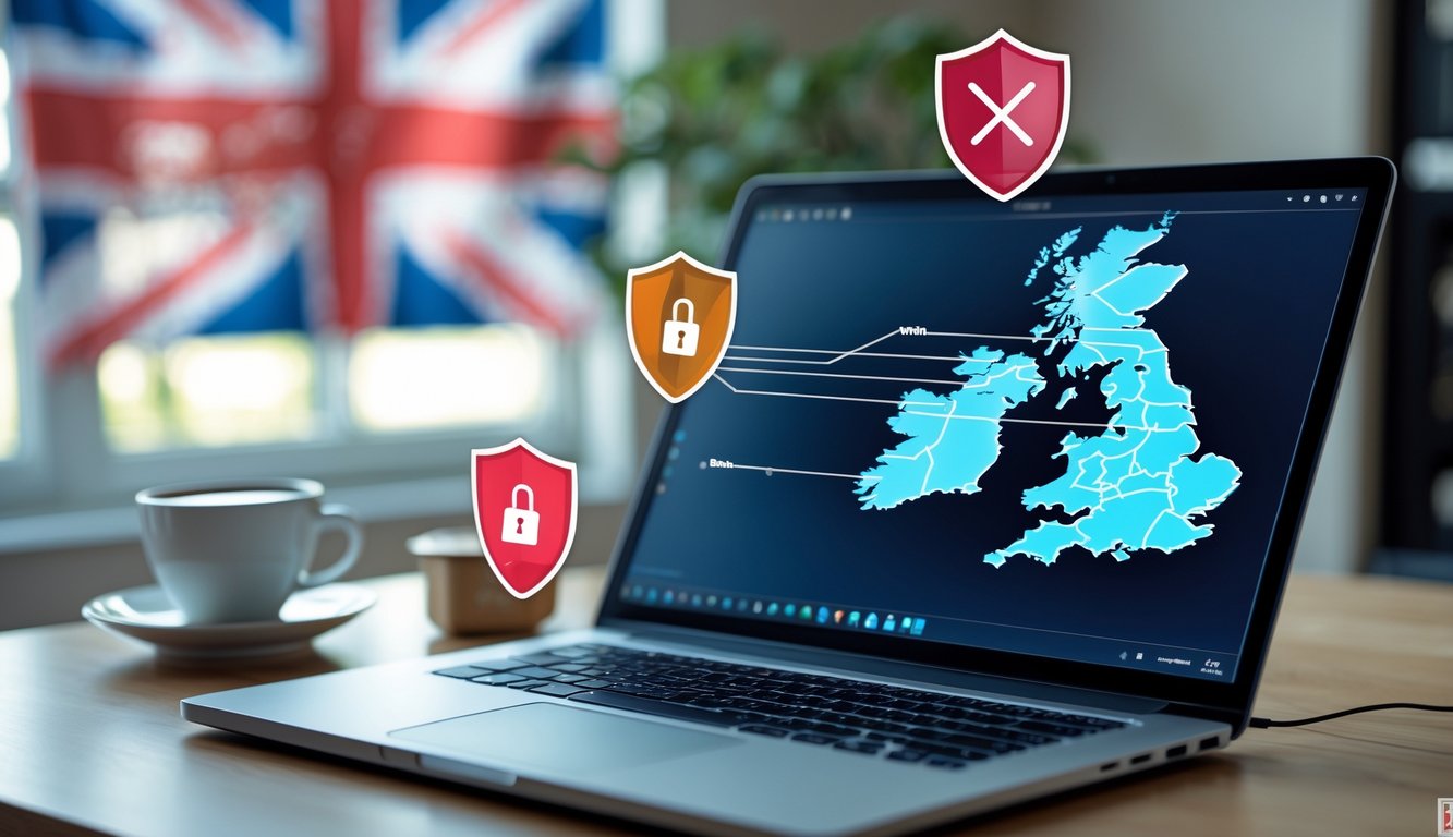 A laptop on a desk in a British home office showing a digital map of the UK with network connection lines and warning icons, with a shield and VPN symbol nearby, and a British flag in the background.