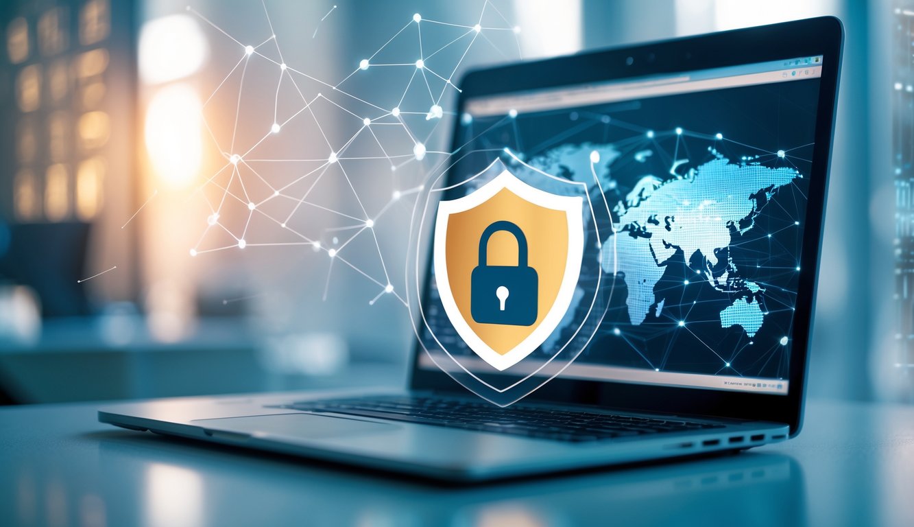 A laptop on a desk displaying a digital globe with network connections and a shield icon with a lock symbol overlayed, representing internet security and access control.