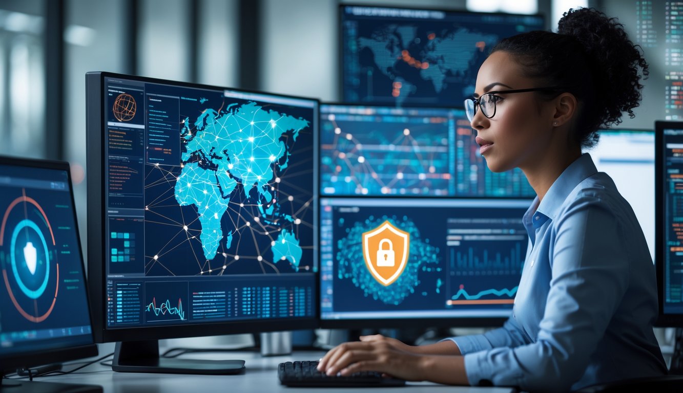 An IT professional working at a desk with multiple computer screens showing network data and security symbols in a modern office.