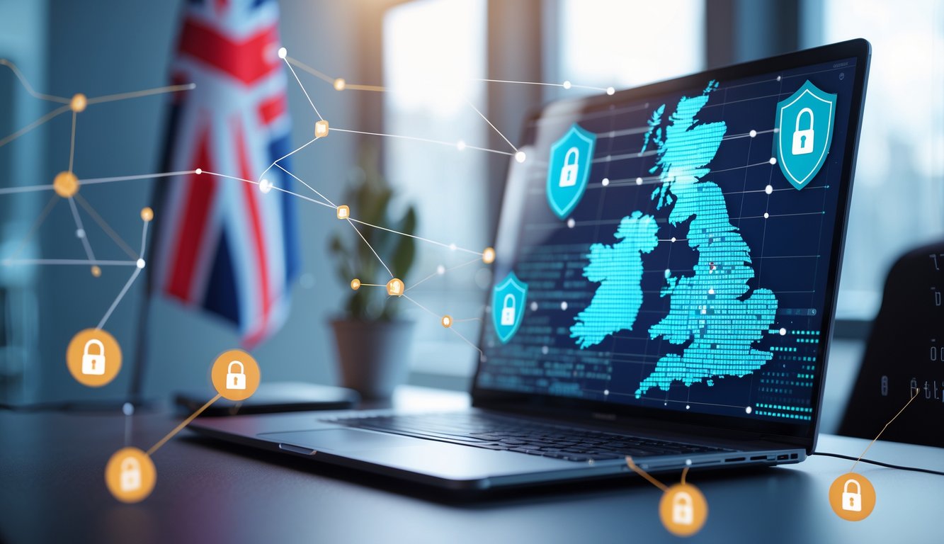 A laptop on a desk showing a digital map of the UK with network and security icons symbolising VPN encryption and data protection.