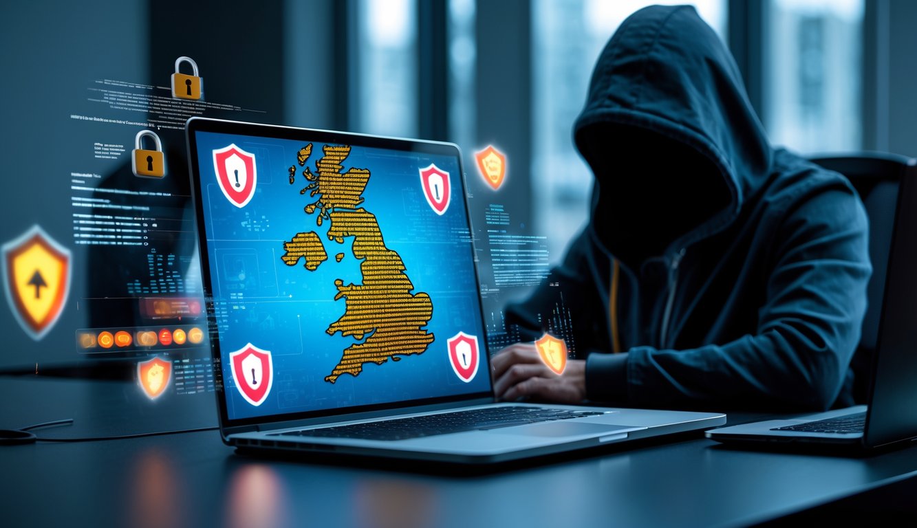 A laptop on a desk showing a digital map of the UK with warning symbols, a hooded figure typing in the background, representing security risks of free VPNs.