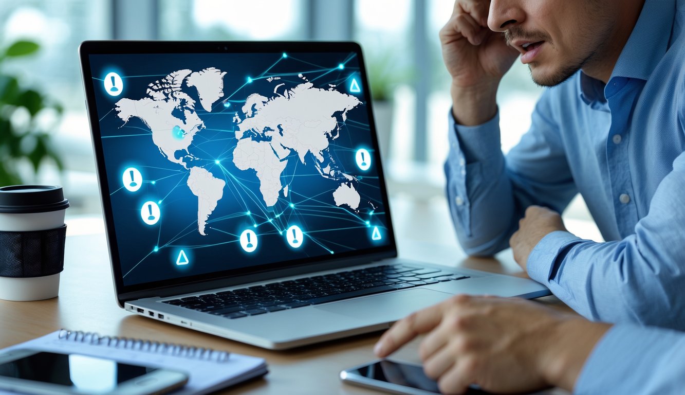 A person looking concerned at a laptop showing a digital map of the United Kingdom with network connection symbols, sitting at a desk in an office setting.