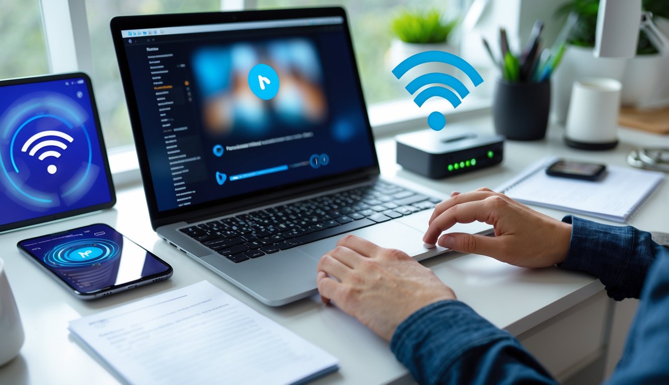 A person working on a laptop at a desk with a router and smartphone nearby, representing internet streaming and VPN use.