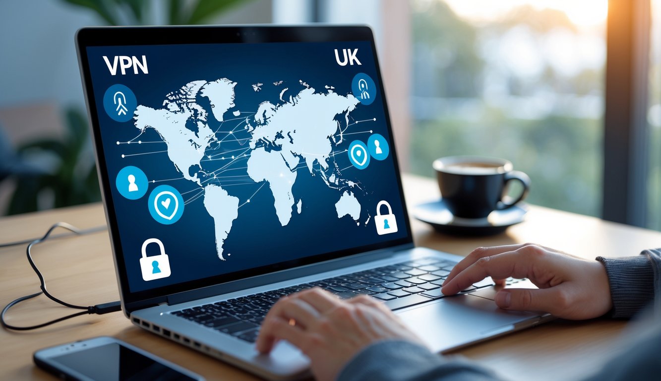 A person typing on a laptop showing a digital map of the UK with network and lock icons, in a bright home office with a smartphone and coffee on the desk.