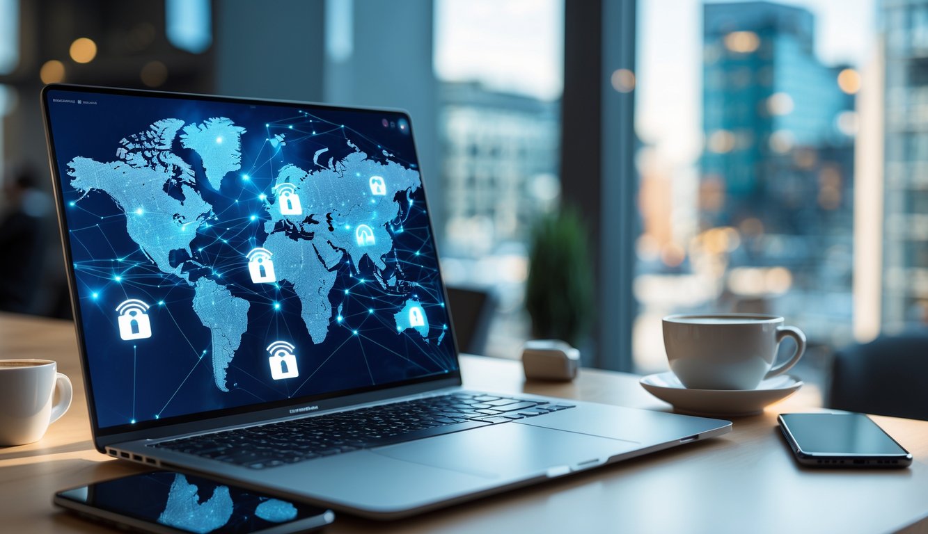 A laptop on a desk showing a digital map of the United Kingdom with network and VPN icons, surrounded by a smartphone and coffee cup in a modern office setting.