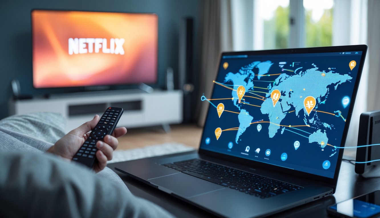 Person sitting on a sofa watching TV with a laptop showing a digital map of the UK and VPN network icons nearby.