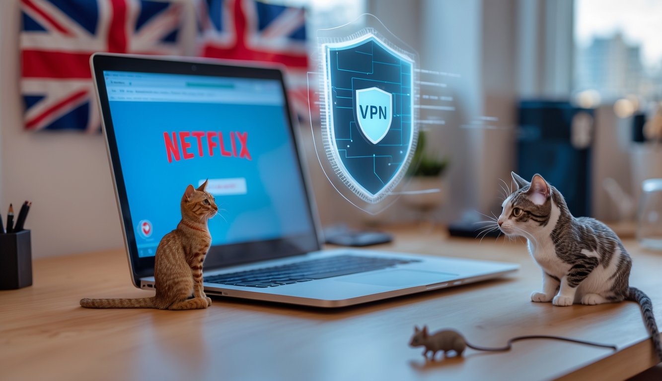 A laptop showing the Netflix homepage on a desk with a cat figurine looking at a mouse figurine nearby, with subtle UK-themed items in the background.
