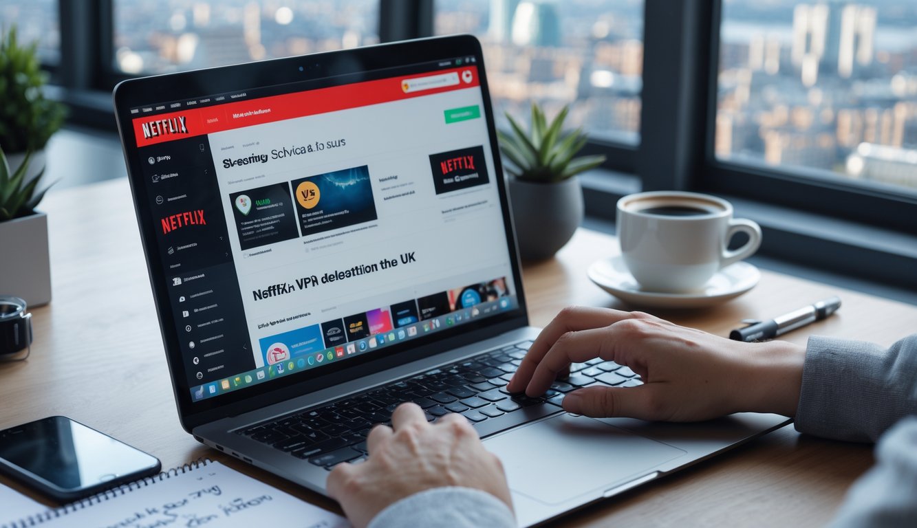 A person typing on a laptop in a home office with a smartphone showing a VPN app and a UK cityscape visible through the window.